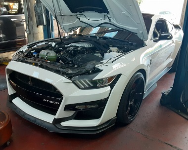 Silver Ford Shelby GT 500 with hood up in the garage at Johnny Myers Discount Tires and Auto Repair